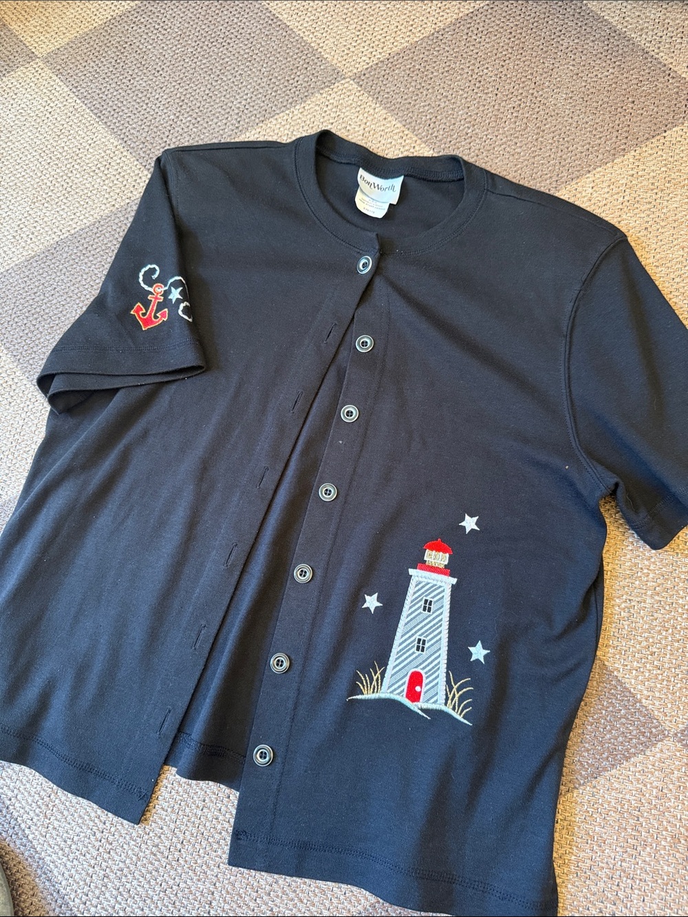 BonWorth Black Button-Front Top with Lighthouse & Anchor Embroidery